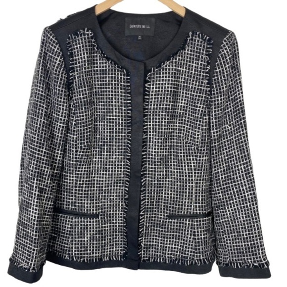 LAFAYETTE 148 NEW YORK Black Textured Tweed Grid Fringe Blazer Jacket 14 office - Picture 16 of 16